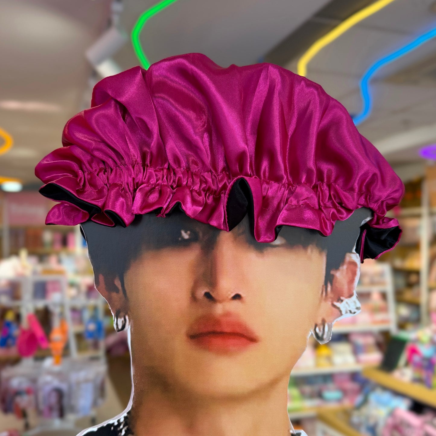 Gorro De Satín Para Dormir Reversible Fucsia y Negro