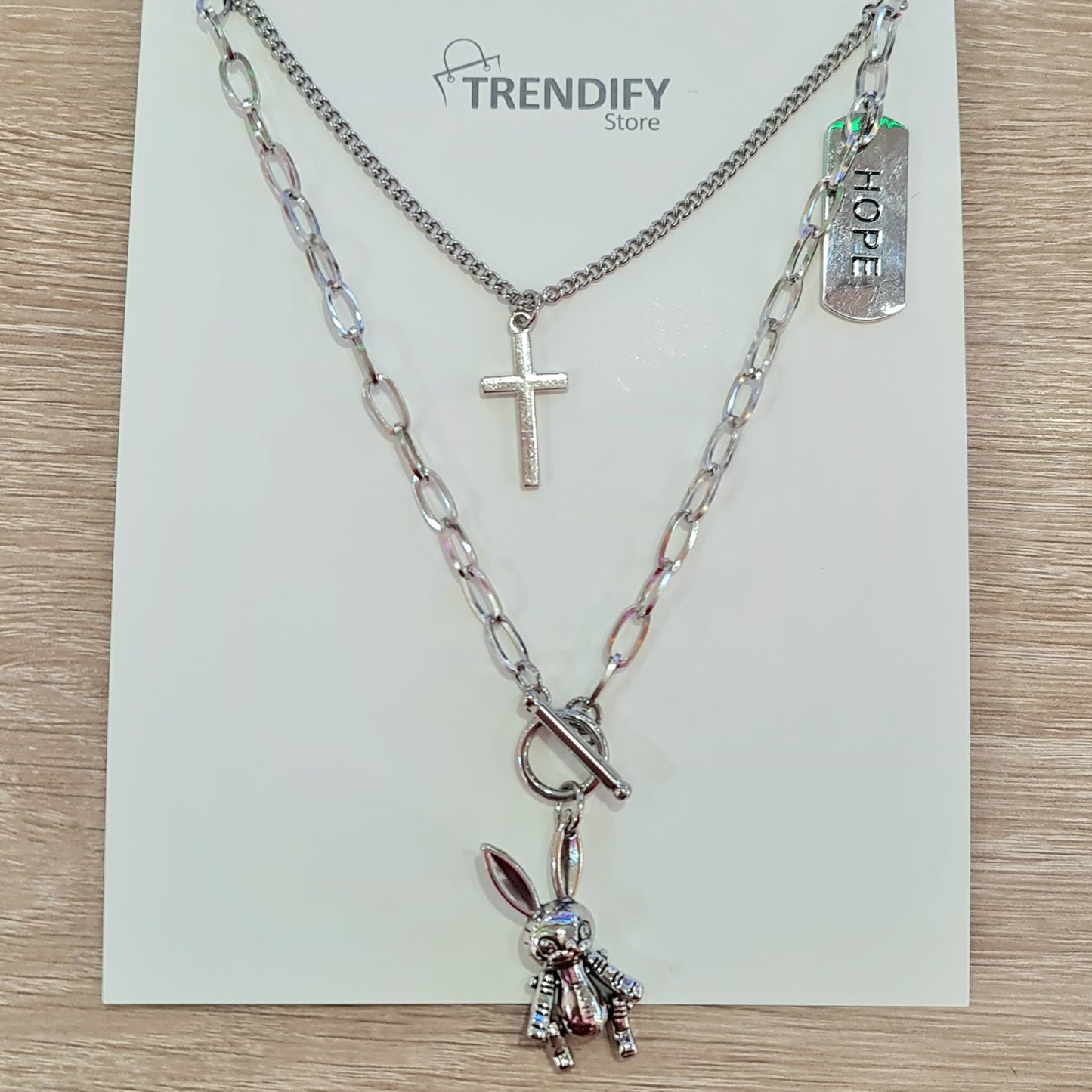 Collar Acero Inox doble colgantes de conejo crux y placa hope