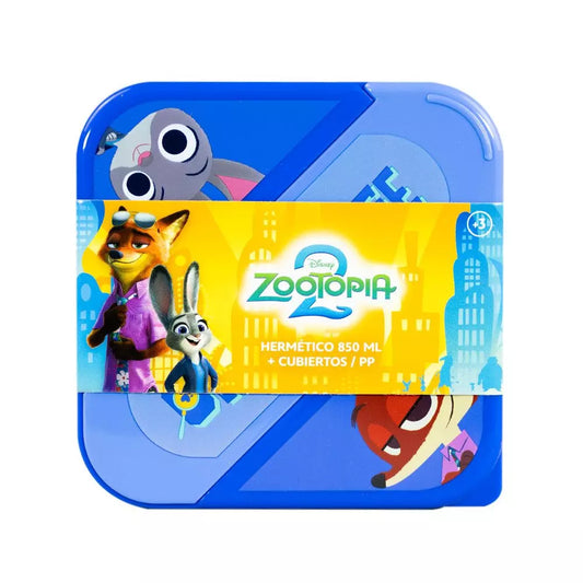Hermético 850ml + Cubiertos -Verde Zootopia