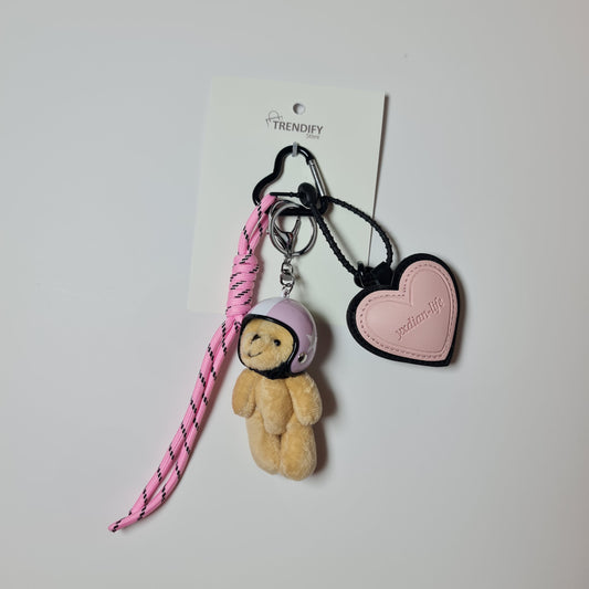 Llavero y Charm Osito con casco rosado