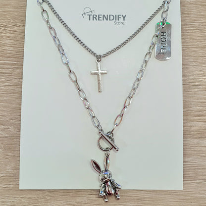 Collar Acero Inox doble colgantes de conejo crux y placa hope